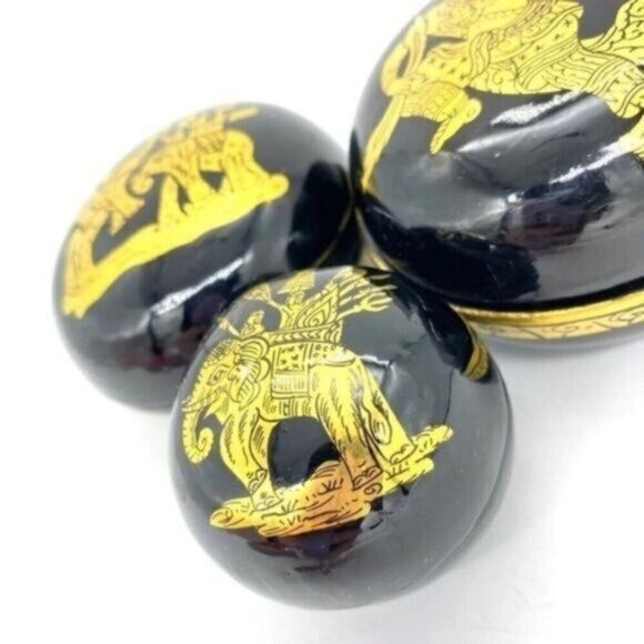Burmese Lacquerware Gold Accented Trinket Boxes Set Of 3 - Picture 3 of 12
